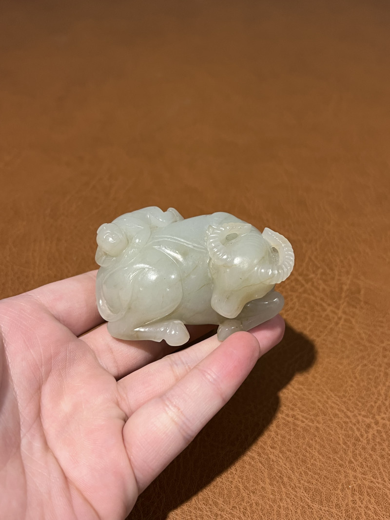 清 白玉牧童戏牛摆件 - 图2