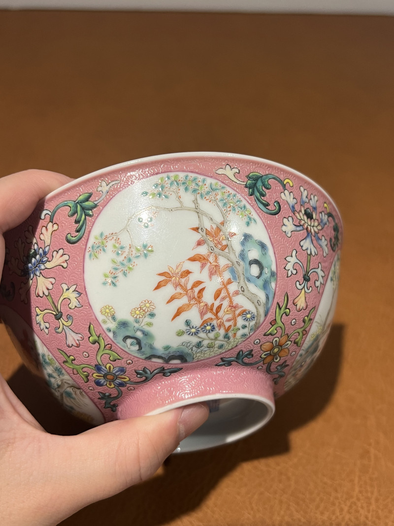 清道光 粉地洋彩轧道开光丹桂飘香纹节令膳碗 - 图10