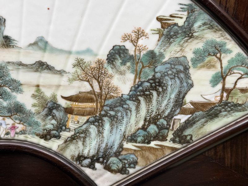 民国 程意亭粉彩青绿山水图扇形瓷板一套（四幅） - 图15