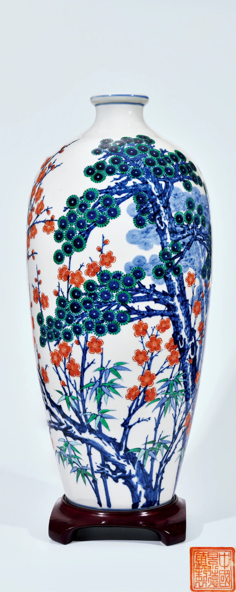 1970年作 田慧棣风格青花斗彩松竹梅三友图大瓶