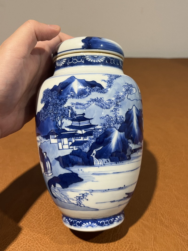 清康熙 青花山水人物纹莲子罐 - 图5