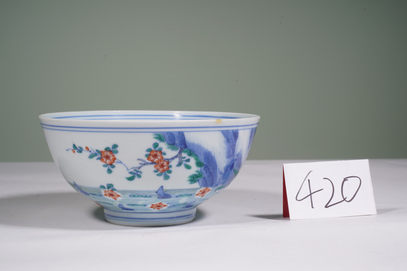 清 斗彩落花流水纹碗 - 图2