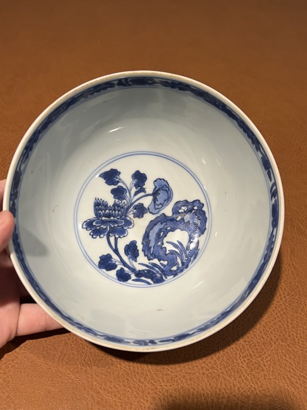 清康熙 青花洞石花鸟纹大碗 - 图7