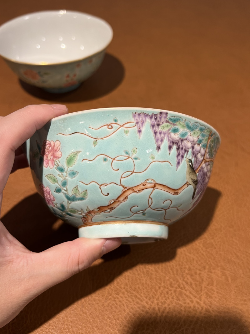 清光绪 松石绿地粉彩紫藤花鸟纹碗（一对） - 图13