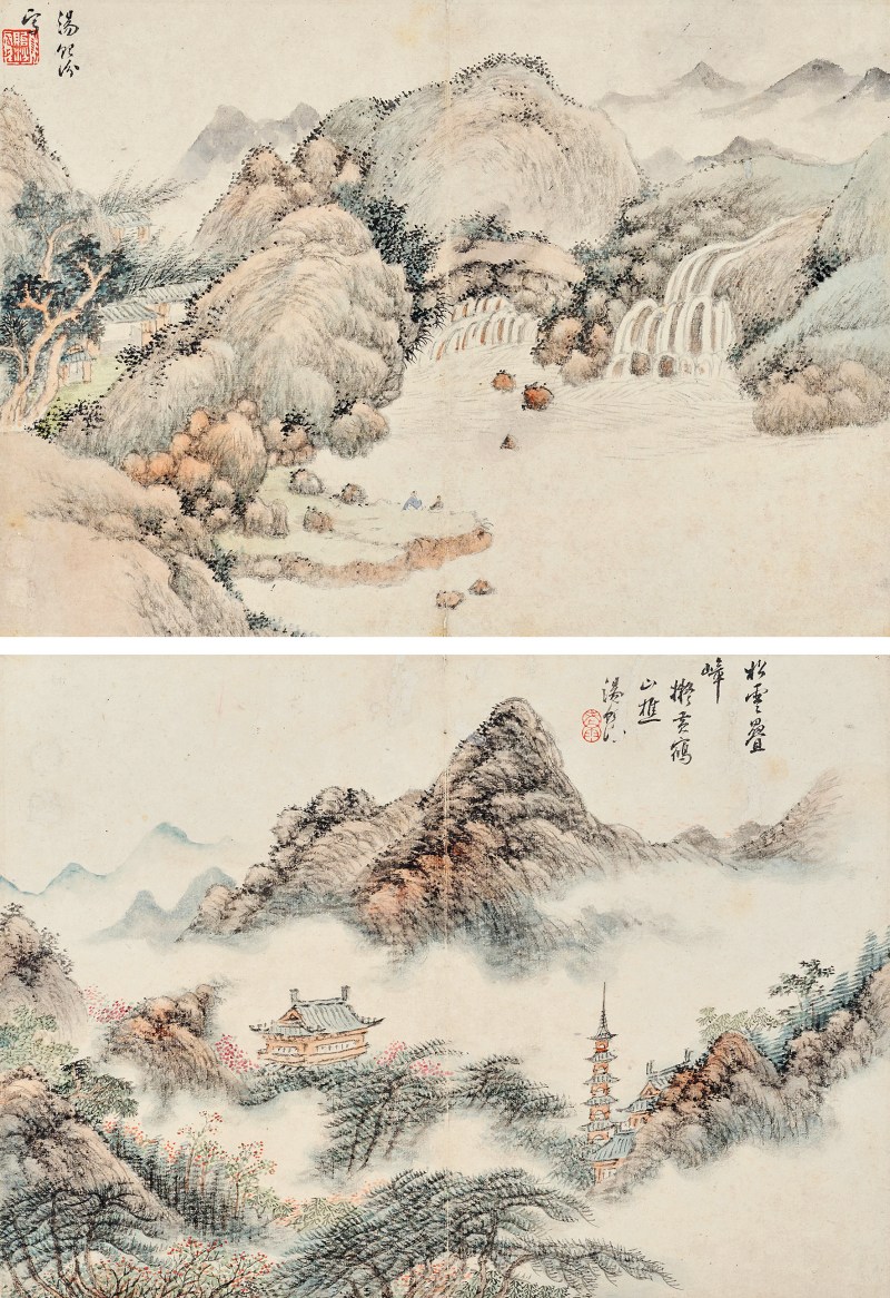 汤贻汾 山水册页（两开）