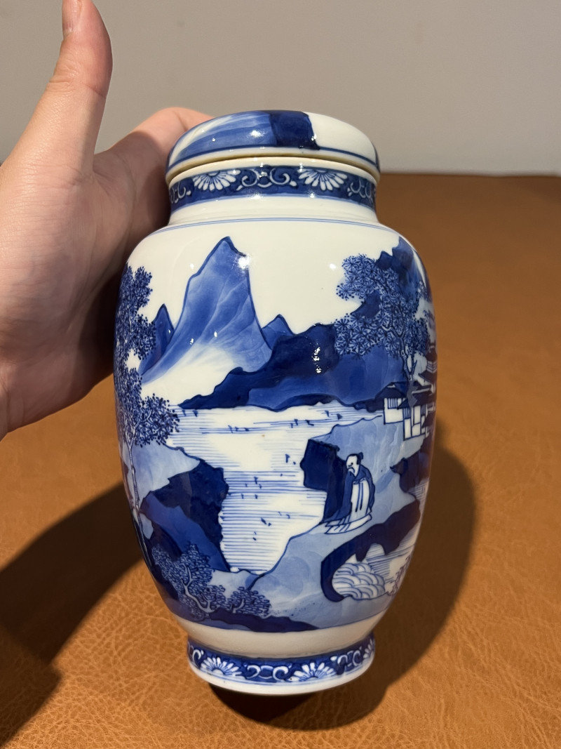 清康熙 青花山水人物纹莲子罐 - 图6