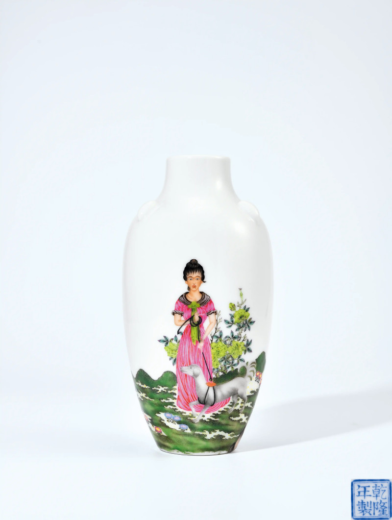 民国 叶震嘉风格珐琅彩西洋美女图瓶
