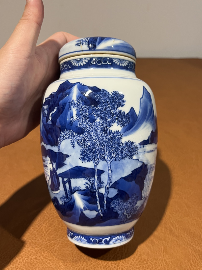 清康熙 青花山水人物纹莲子罐 - 图7