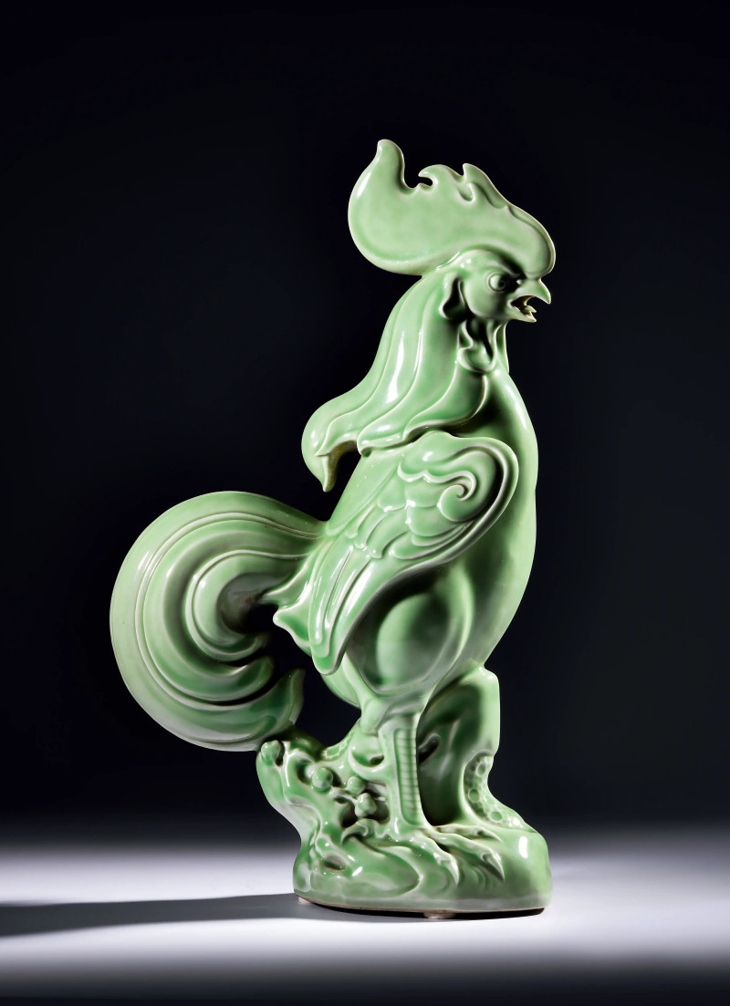 1950～60年作 曾龙升粉彩青釉雄鸡瓷塑