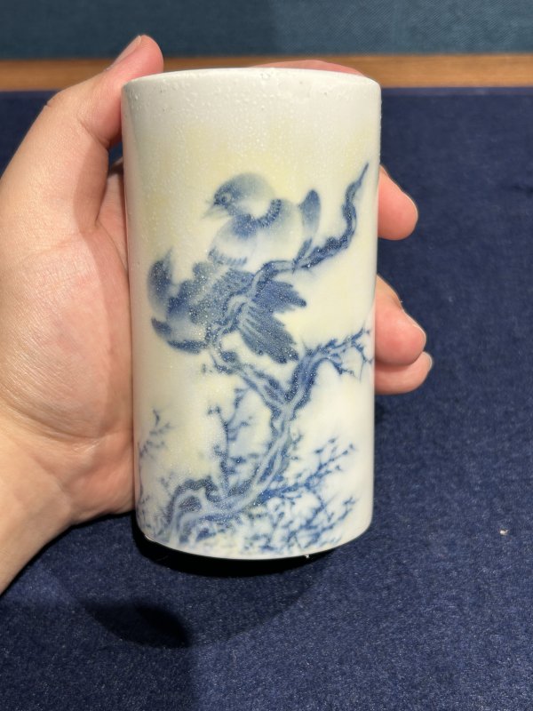 民国 王步竹溪款青花花鸟笔筒 - 图2