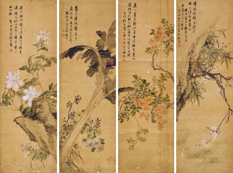张熊 花卉四屏