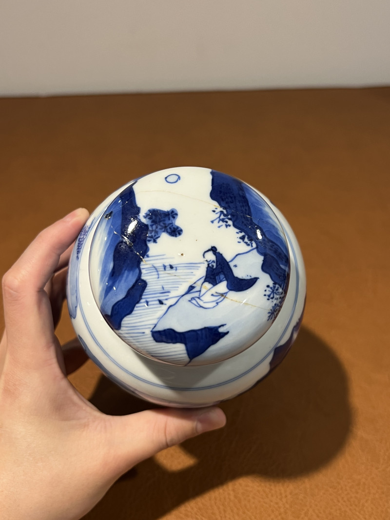 清康熙 青花山水人物纹莲子罐 - 图8