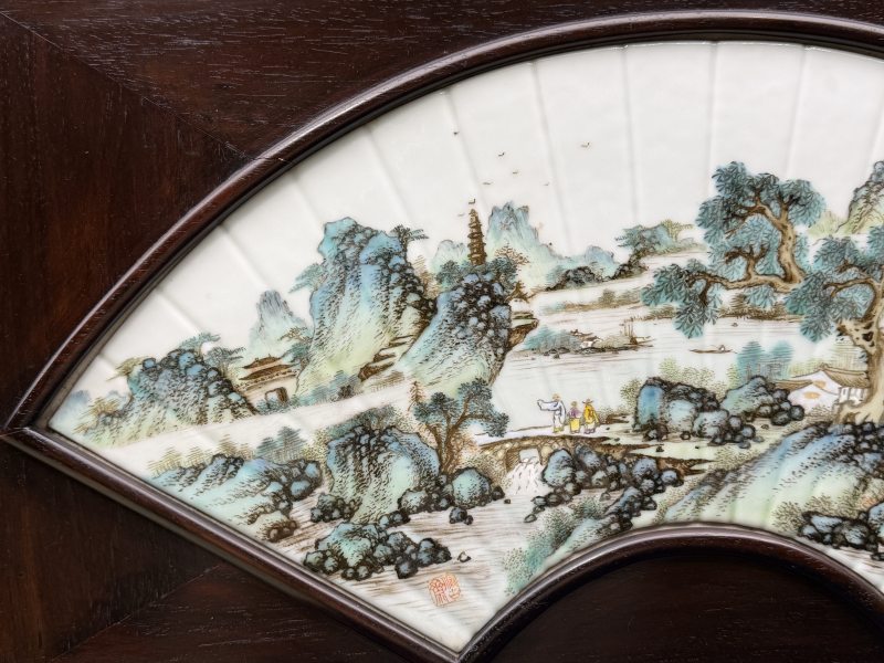 民国 程意亭粉彩青绿山水图扇形瓷板一套（四幅） - 图19