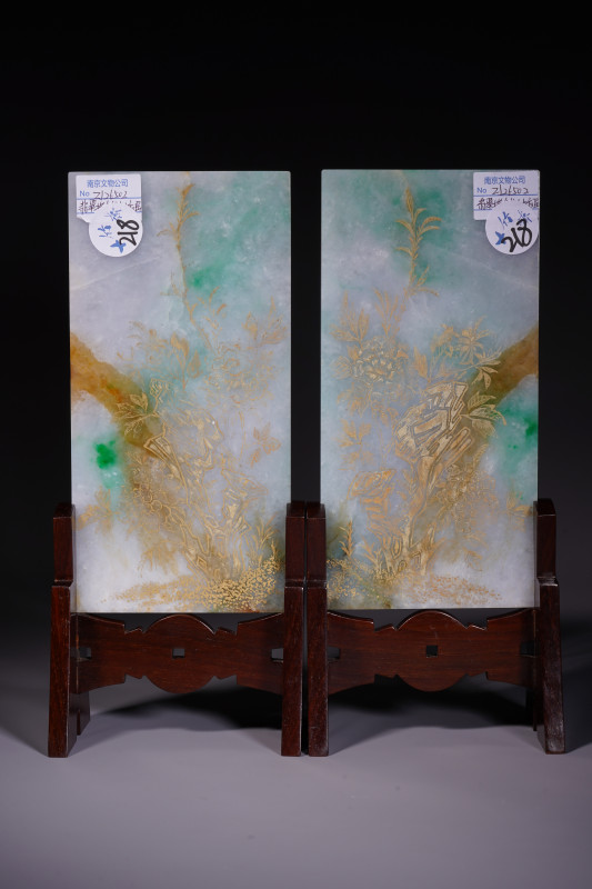 清 翡翠描金百寿图案屏一对 - 图5