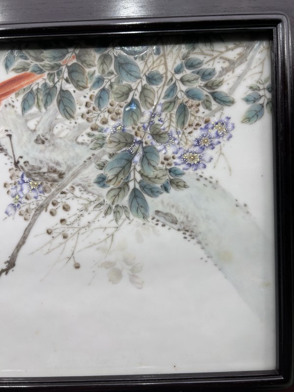 民国 程意亭粉彩绶带紫薇花鸟图瓷板 - 图4