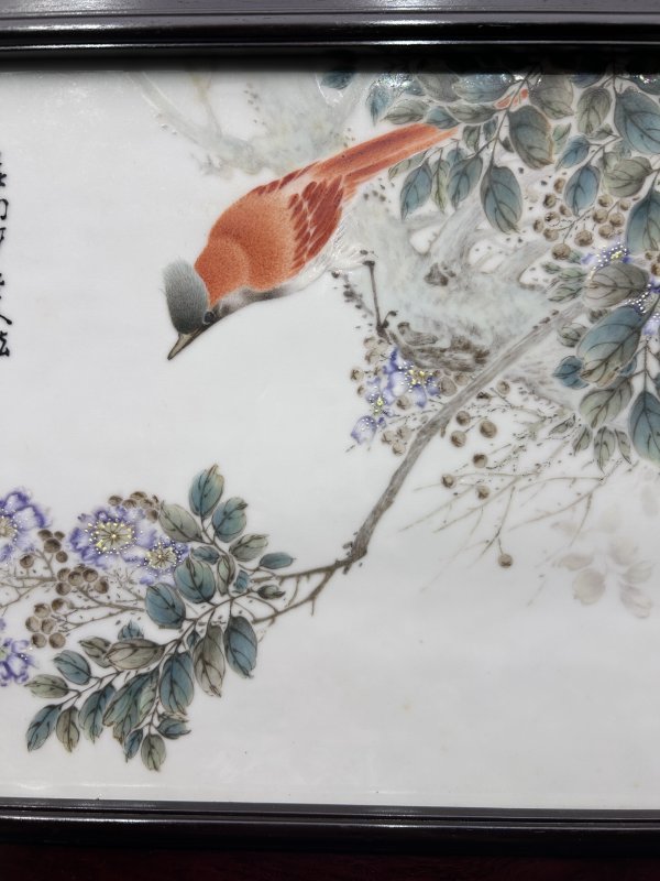 民国 程意亭粉彩绶带紫薇花鸟图瓷板 - 图5