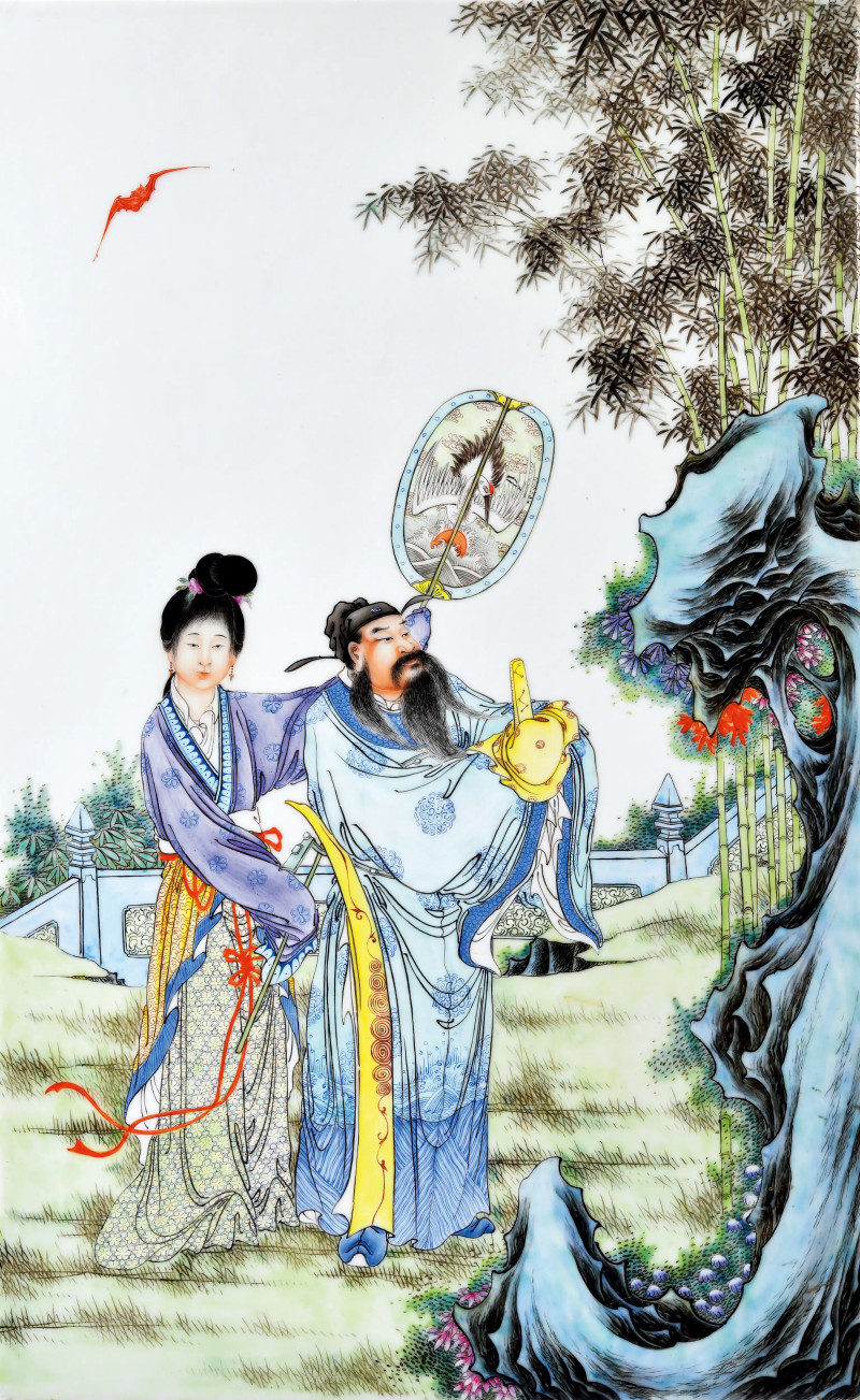 民国 粉彩米芾拜石图中堂瓷板