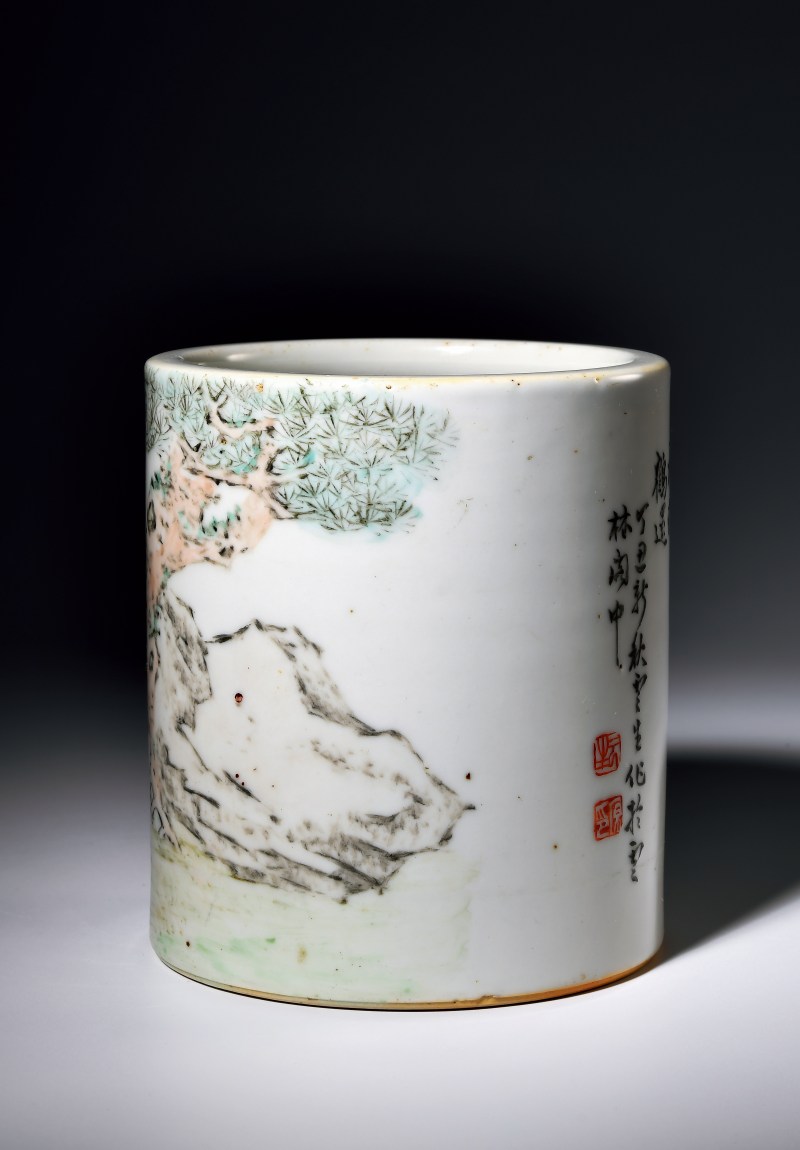 1877年作 张肇源浅绛松鹤图笔筒