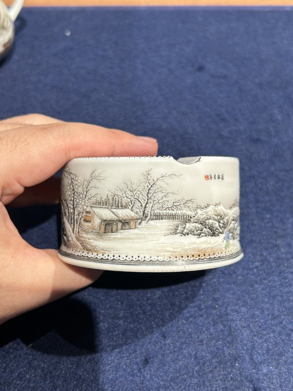 1953年作 张松茂粉彩雪景图文房一套（六件） - 图25