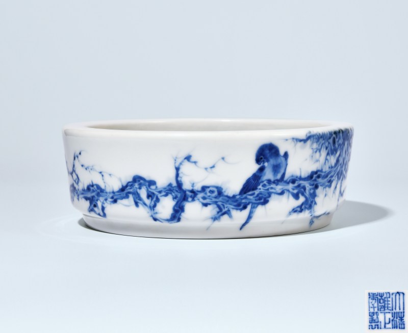 民国 王步青花花鸟图大笔洗