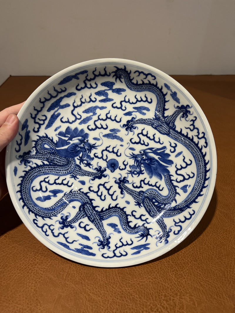 清光绪 青花双龙赶珠纹盘 - 图2