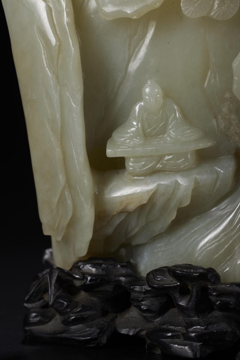 清  白玉松下高士笔筒，紫檀原座 - 图3