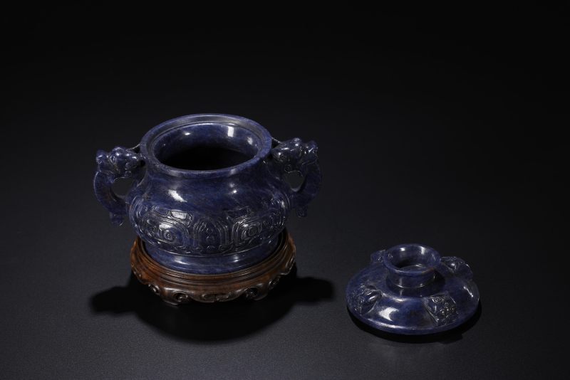 清  青金石雕双龙耳香炉 - 图6