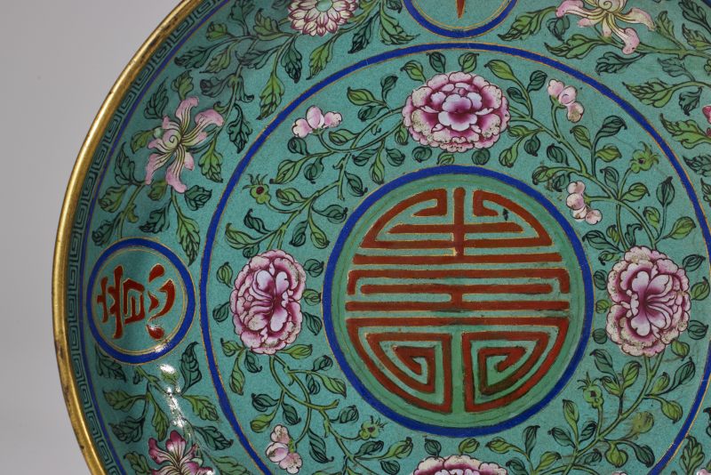 清乾隆  铜胎画珐琅千秋如意寿字盘 - 图3