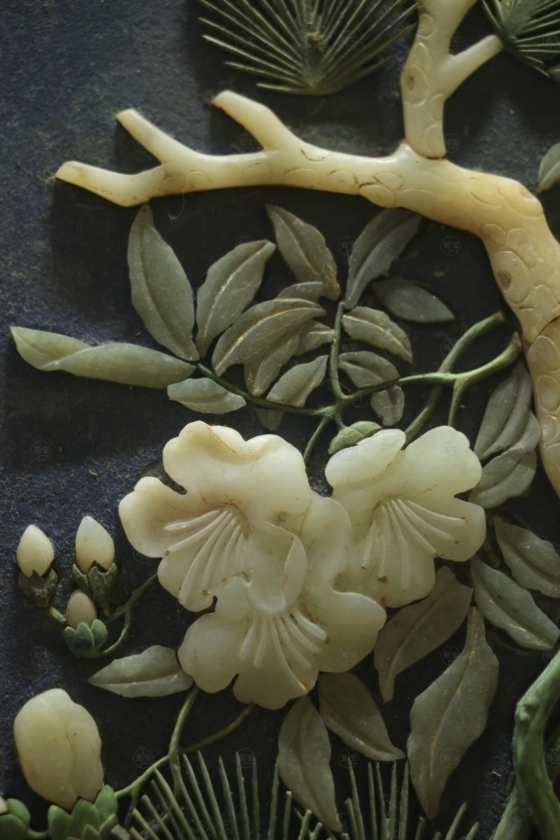清 紫檀边嵌玉花卉挂屏 - 图5