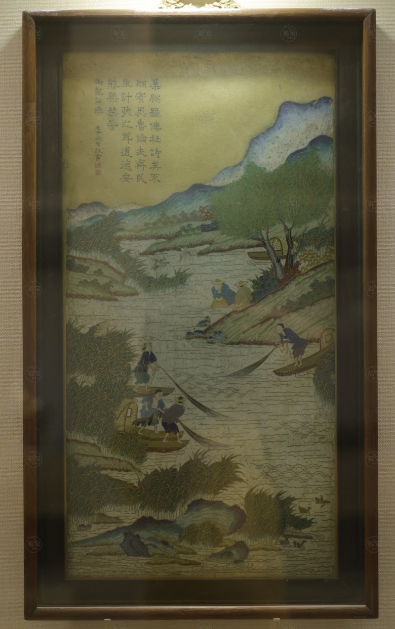 清 紫檀边铜琅渔樵耕读挂屏