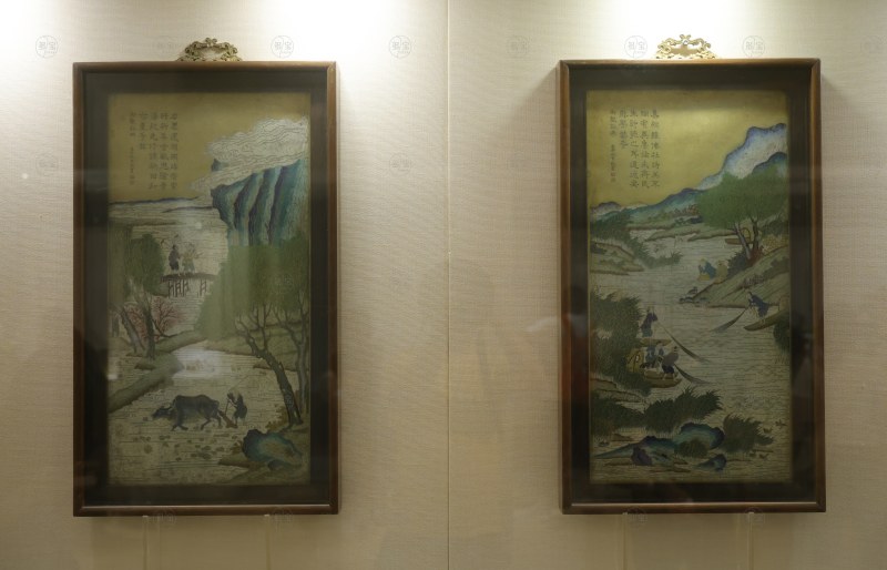 清 紫檀边铜琅渔樵耕读挂屏 - 图2