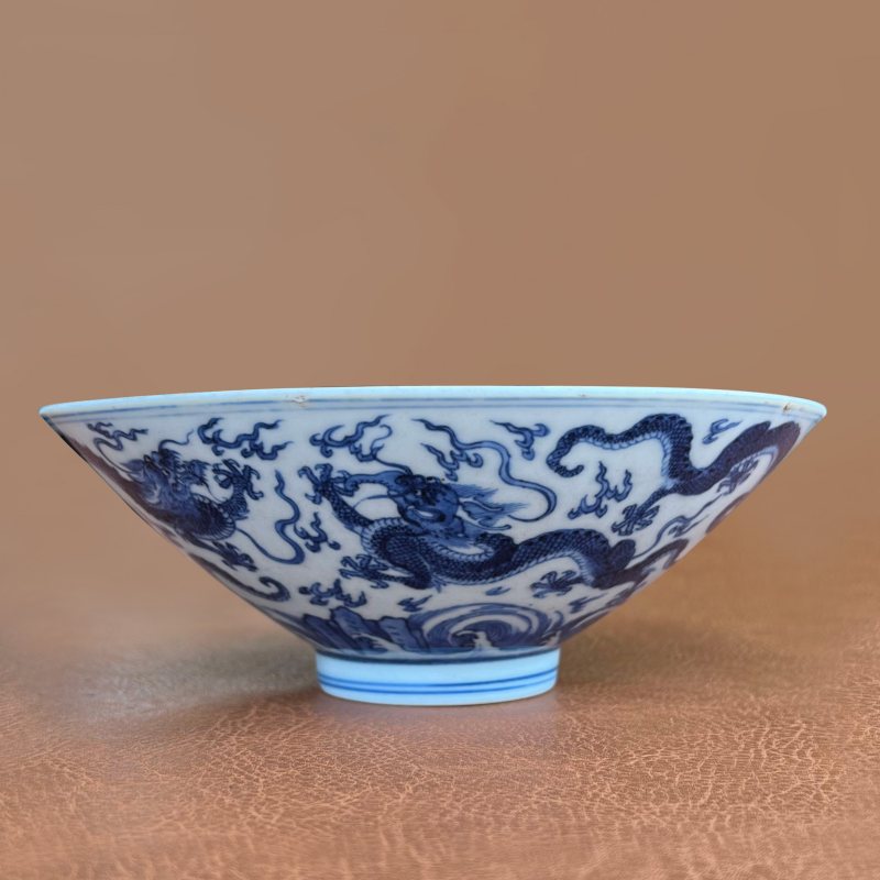 清康熙 仿宣窑青花云龙纹斗笠碗 - 图3