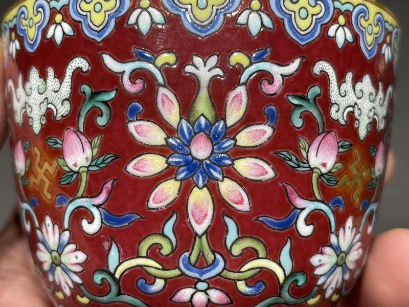 清嘉庆 胭脂地洋彩宝相花万寿纹茶圆 - 图7