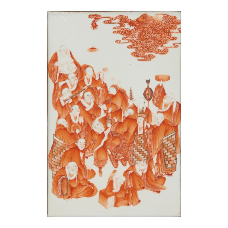 十九世紀 礬紅彩十八羅漢瓷板 | AN IRON-RED PAINTED 'EIGHTEEN LUOHAN' PLAQUE