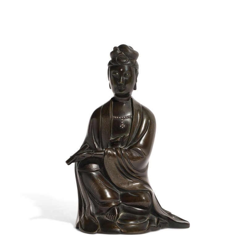 十九世紀 銅錯銀觀音坐像 | A SILVER-INLAID BRONZE FIGURE OF GUANYIN