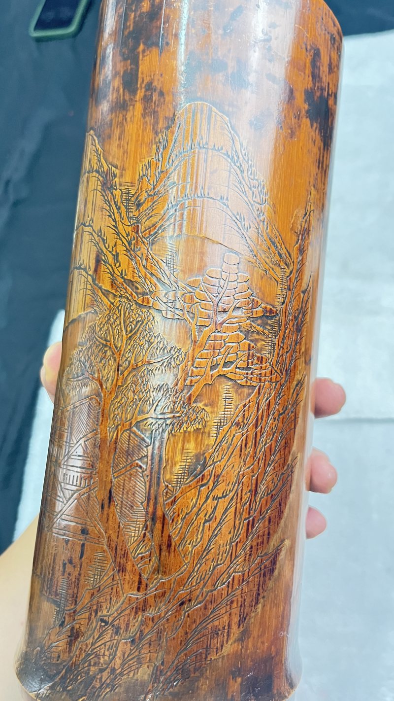 竹刻山水人物帽筒一对 - 图9
