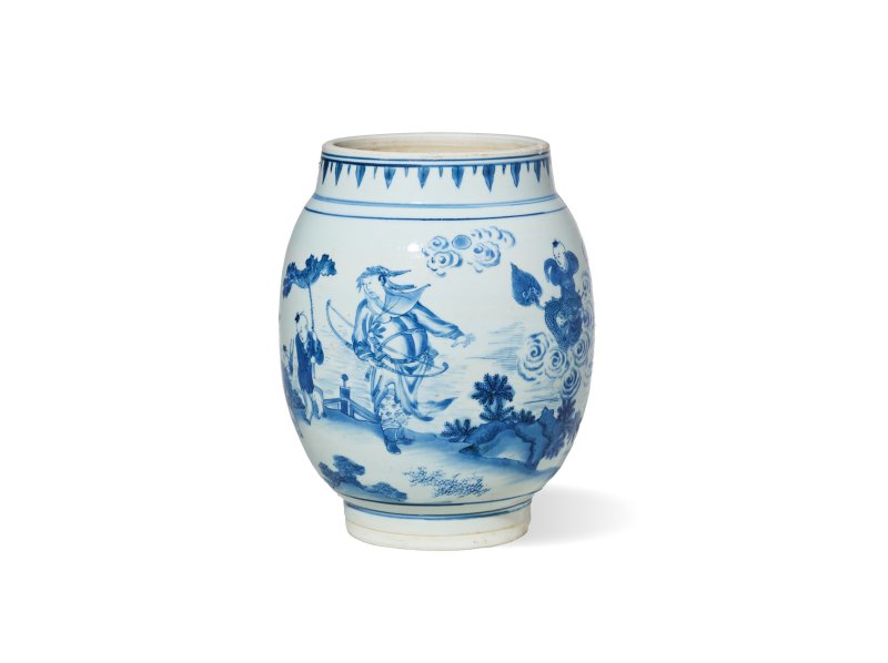 明崇祯 青花张仙送子图莲子罐