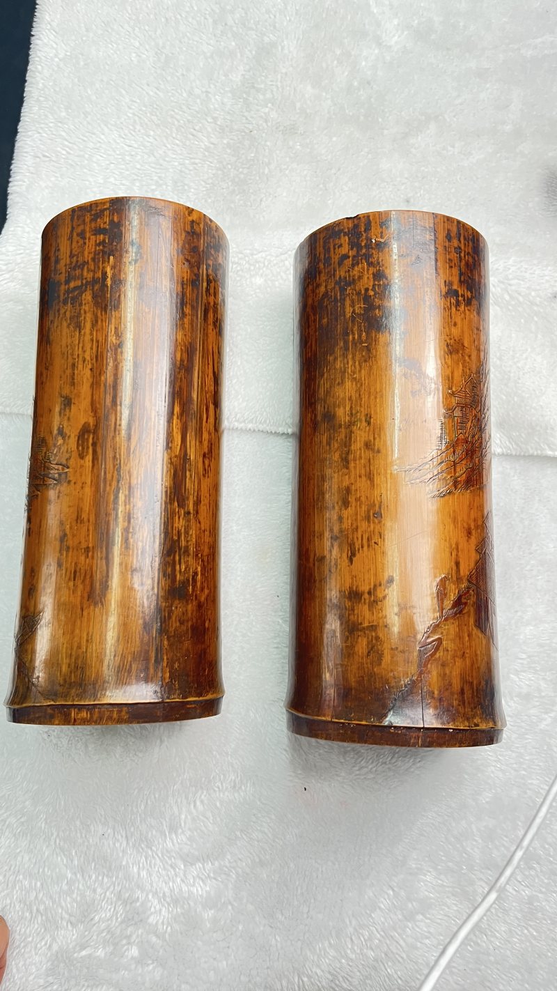 竹刻山水人物帽筒一对 - 图4