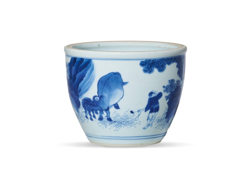 明崇祯 青花童子牧牛图小案缸