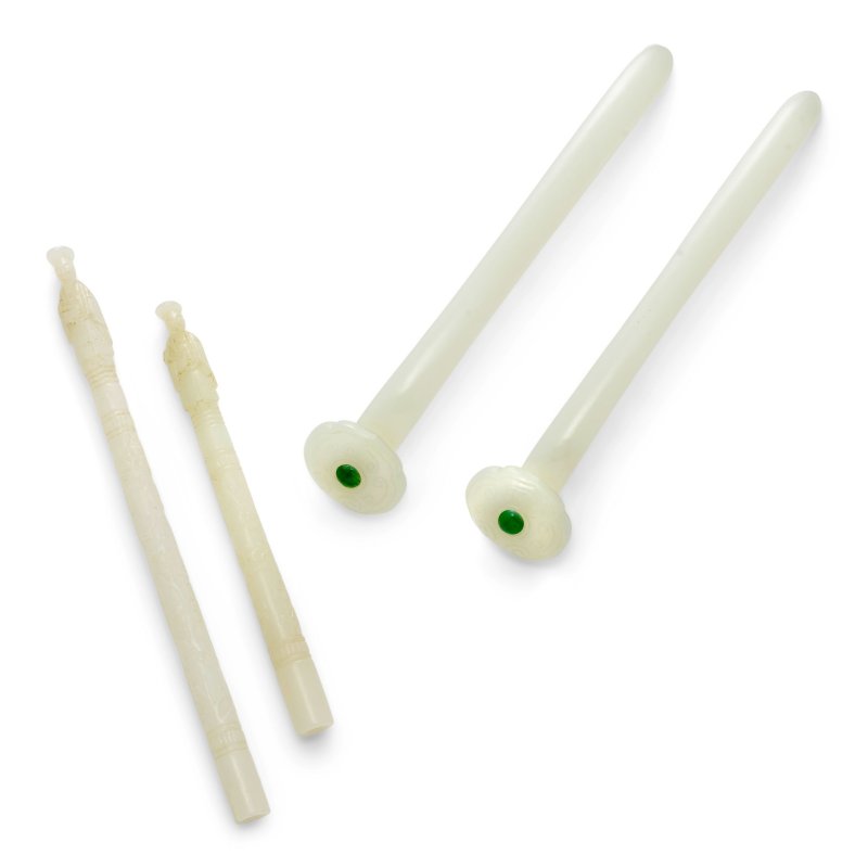 晚清 白玉如意髮簪及筆杆一組四件 | A GROUP OF FOUR WHITE JADE ARTICLES