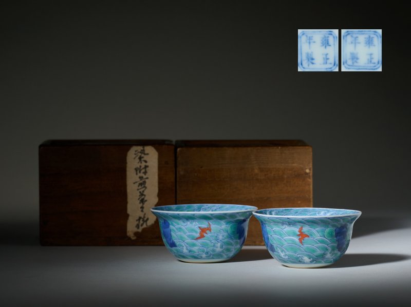 清雍正 斗彩福山寿海杯一对
