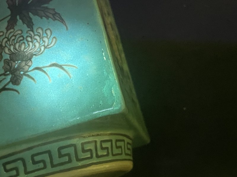 清光绪 松石绿地墨彩花鸟纹琮式瓶一对 - 图14