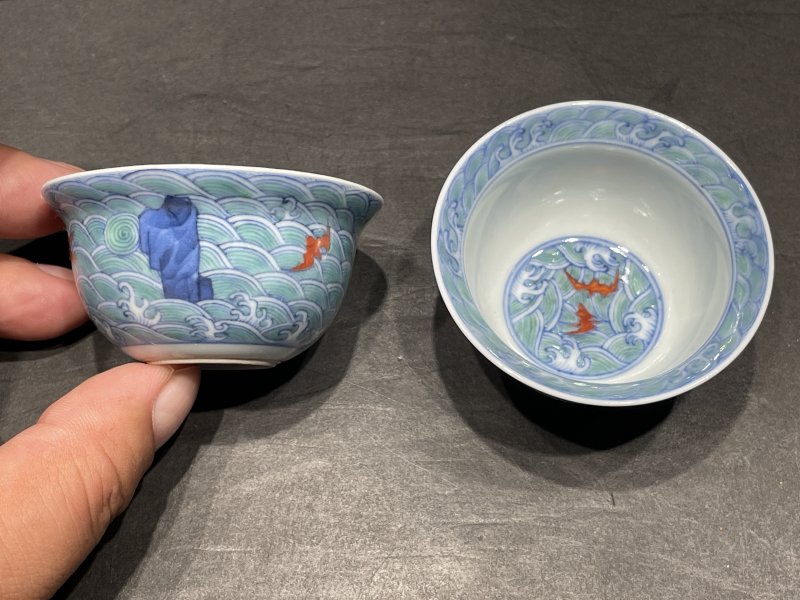 清雍正 斗彩福山寿海杯一对 - 图2