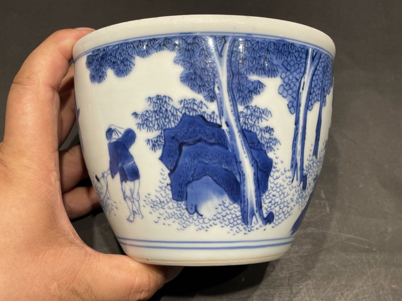 明崇祯 青花童子牧牛图小案缸 - 图3