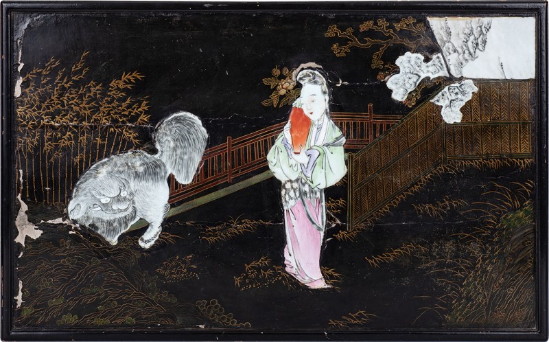 木胎黑漆粉彩仕女纹瓷板