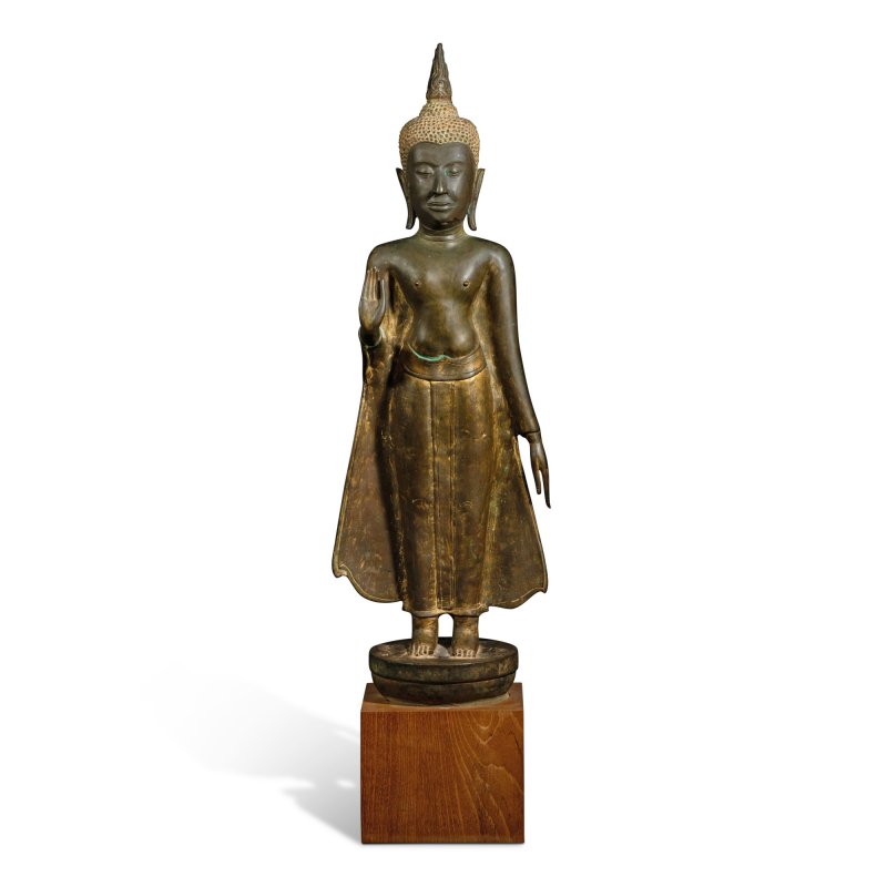 A large gilt-bronze standing figure of Buddha Shakyamuni, Thailand, Ayutthaya, 15th century