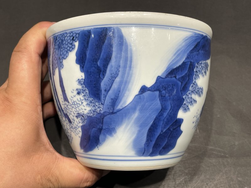 明崇祯 青花童子牧牛图小案缸 - 图4