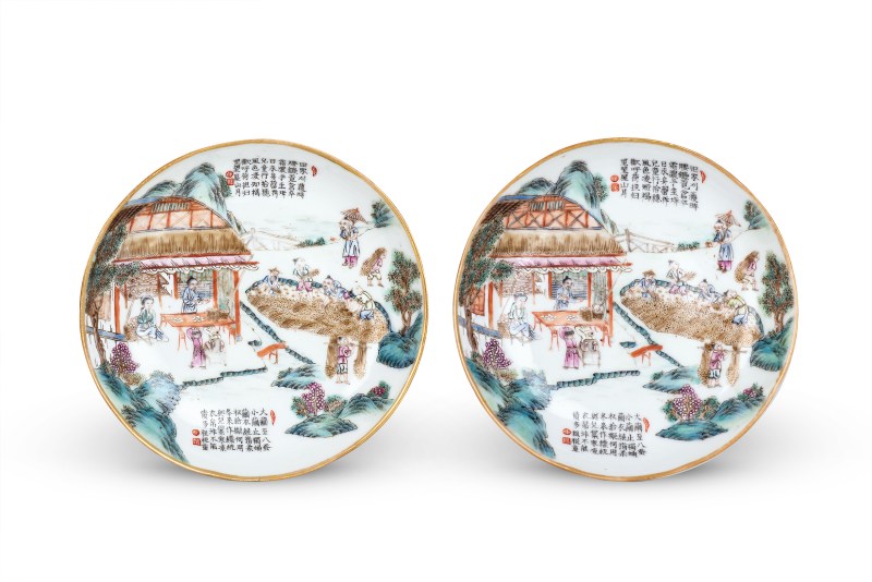 粉彩耕织图诗文盘一对