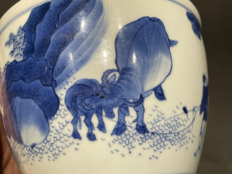 明崇祯 青花童子牧牛图小案缸 - 图6