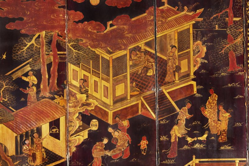 清十八 / 十九世紀 黑漆描金西湖景圖六扇屏風 - 图3